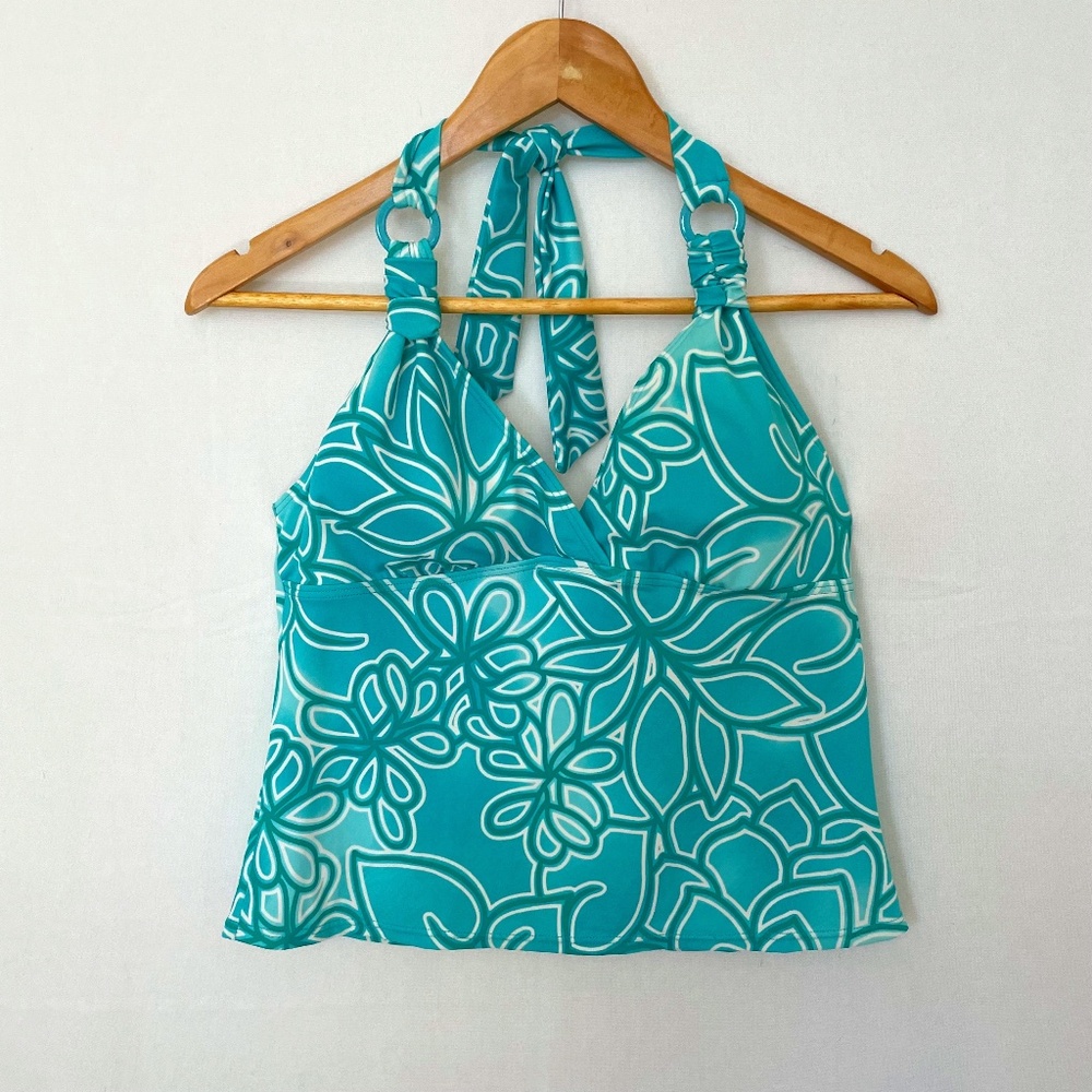 BEACH BAY Women's Size 14 Tankini V-neck Halter Neck Tie Turquoise White Floral